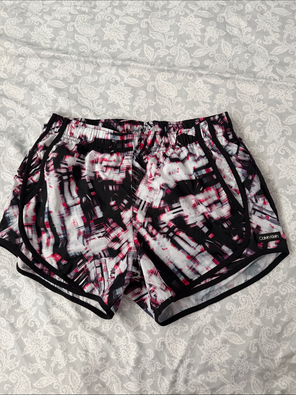 Calvin Klein Black Abstract Athletic Shorts with Pink & White Graphic